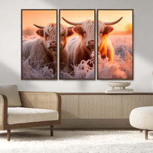 Highland Cows at Sunrise Wall Art Canvas Set – Serene and