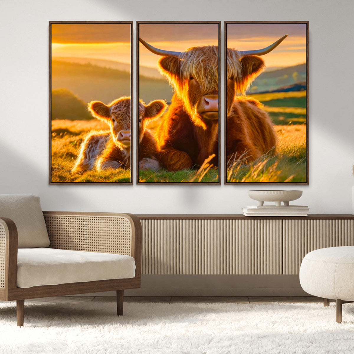 Scottish Cow and Baby Cow Canvas Wall Art Animal Print