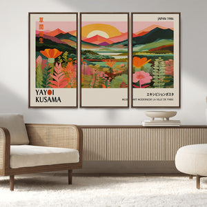 Framed Yayoi Kusama Print, Vibrant Floral Mountain Art