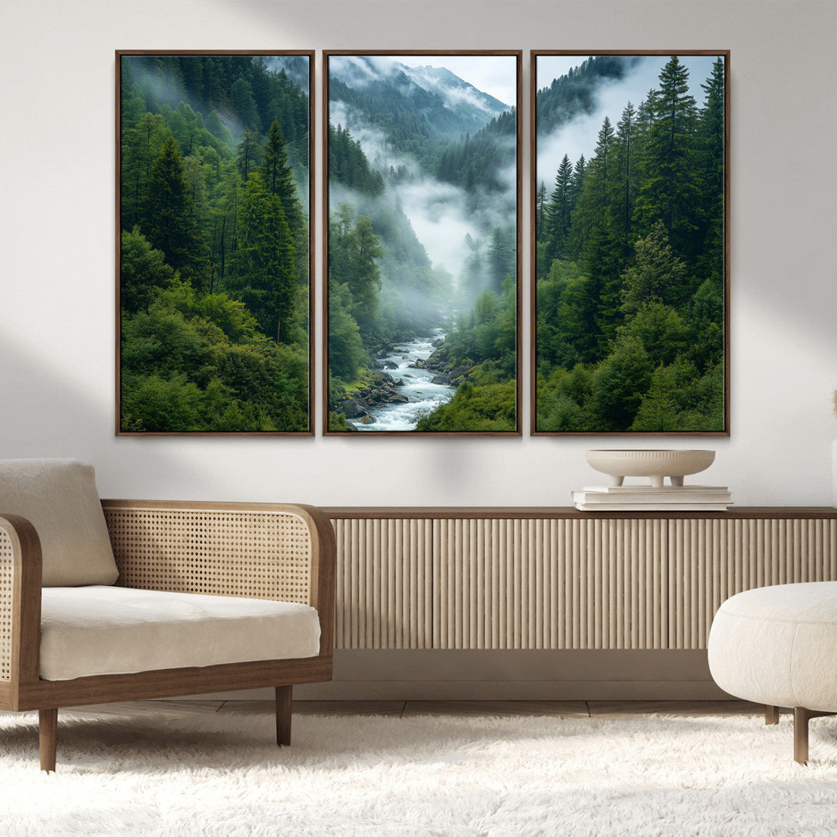 Mountain Forest River Canvas Wall Art Print - Serene Nature