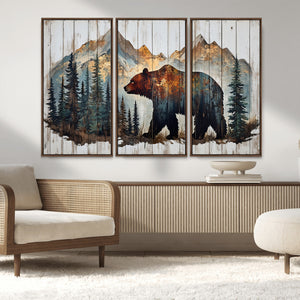 Rustic Grizzly 399 Bear and Mountain Wood Canvas Wall Art -