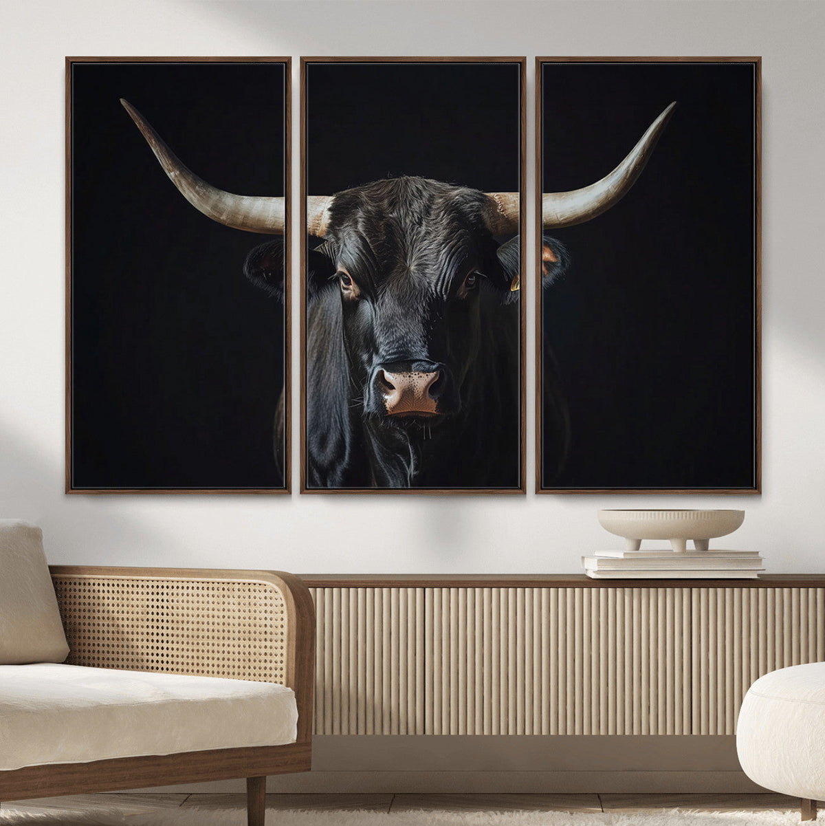 Majestic Longhorn Bull Wall Art Canvas Print – Dark