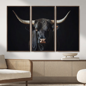 Majestic Longhorn Bull Wall Art Canvas Print – Dark