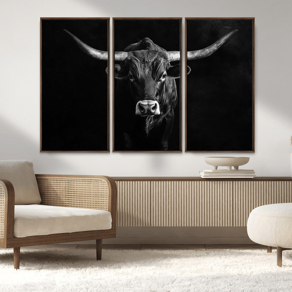 Texas Longhorn Wall Art Canvas Print – Framed Monochrome