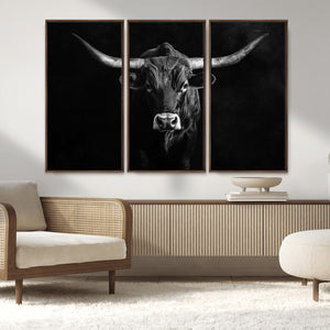 Texas Longhorn Wall Art Canvas Print – Framed Monochrome