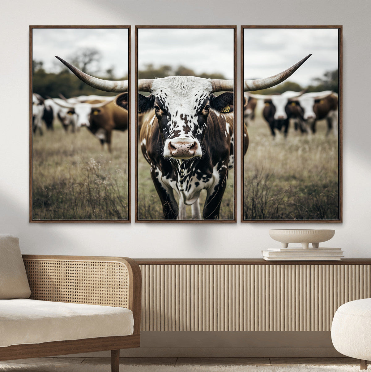 Texas Longhorn Wall Art – Framed Speckled Cow Canvas