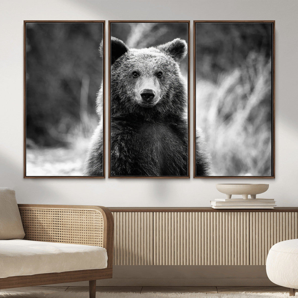 Grizzly Bear Wall Art Canvas Print – Framed Black White