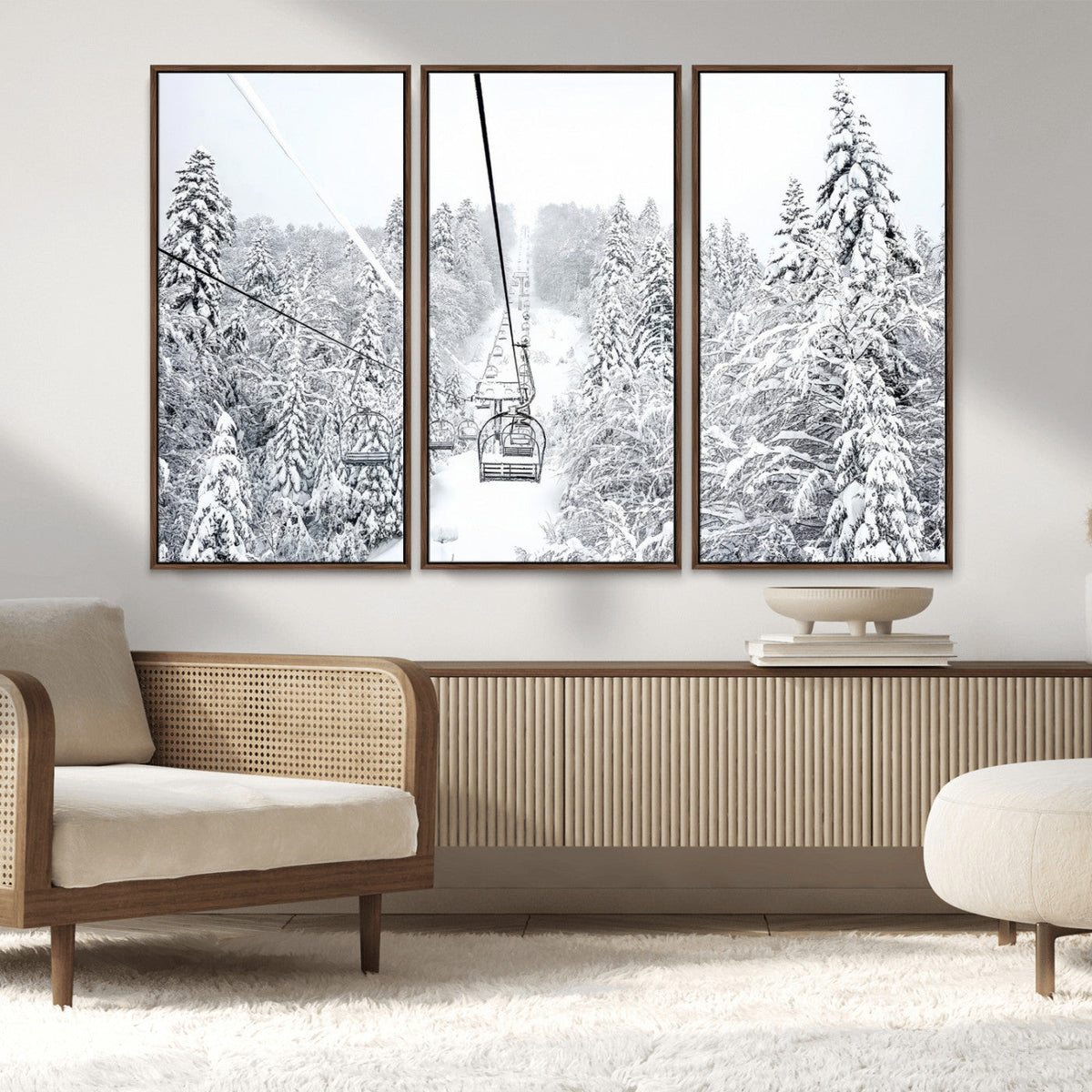 Snowy Ski Lift Wall Art – Framed Winter Mountain Canvas