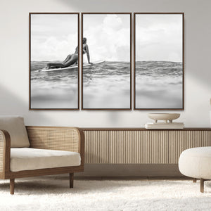 Black and White Surfing Wall Art Canvas Print – Framed Ocean