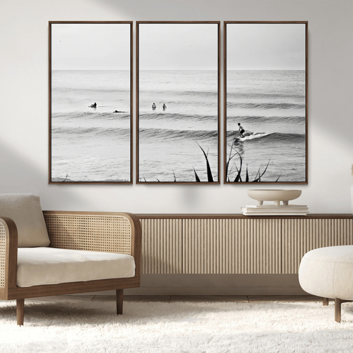 Surfer Silhouette Wall Art – Framed Calm Ocean Canvas