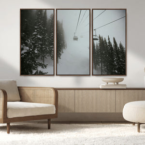 Ski Lift Wall Art Canvas Print – Snowy Pines Misty Landscape