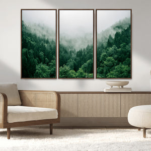 Misty Green Forest Canvas Print – Framed Serene Foggy Pine
