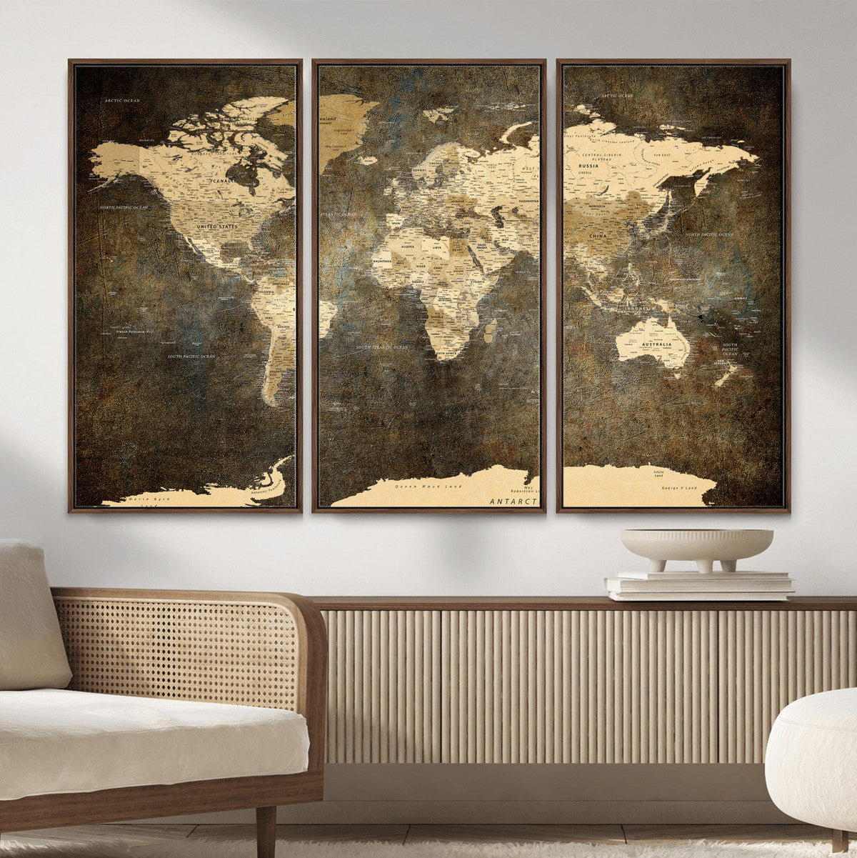 Large Framed Vintage World Map Wall Art Print for Home Wall