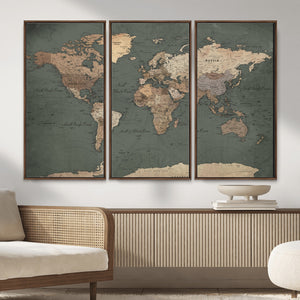 Rustic Black and Wood World Map Canvas Wall Art – Framed