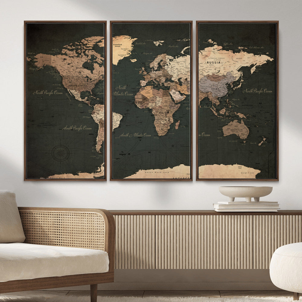 Vintage World Map Canvas Wall Art – Framed Travel Map for