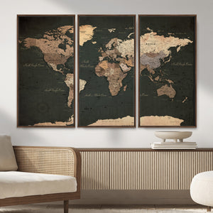 Vintage World Map Canvas Wall Art – Framed Travel Map for