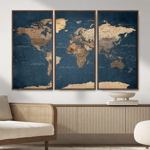 Navy Blue World Map Canvas Print – Framed Travel Map Wall