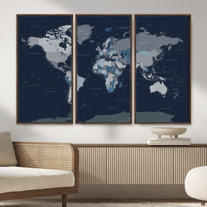 Blue Detailed World Map Wall Art Canvas Print, Modern Framed
