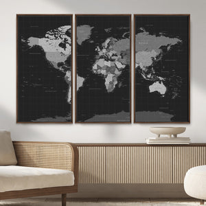 Black World Map Wall Art Canvas Print – Detailed Map of the