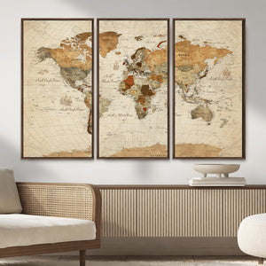 Rustic Vintage World Map Canvas Print – Framed Modern