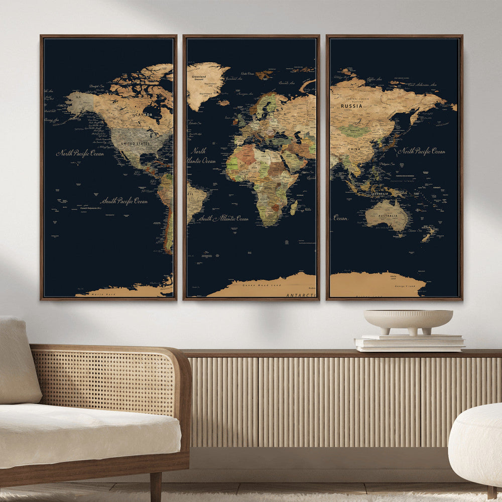 Vintage World Map Canvas on the Dark Background Wall Art