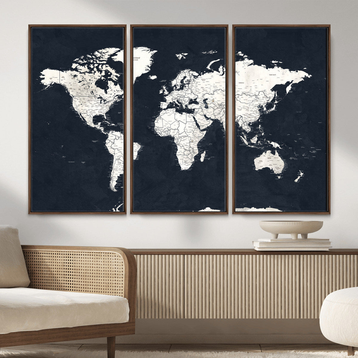 Black World Map Wall Art Canvas Print for Home Office and