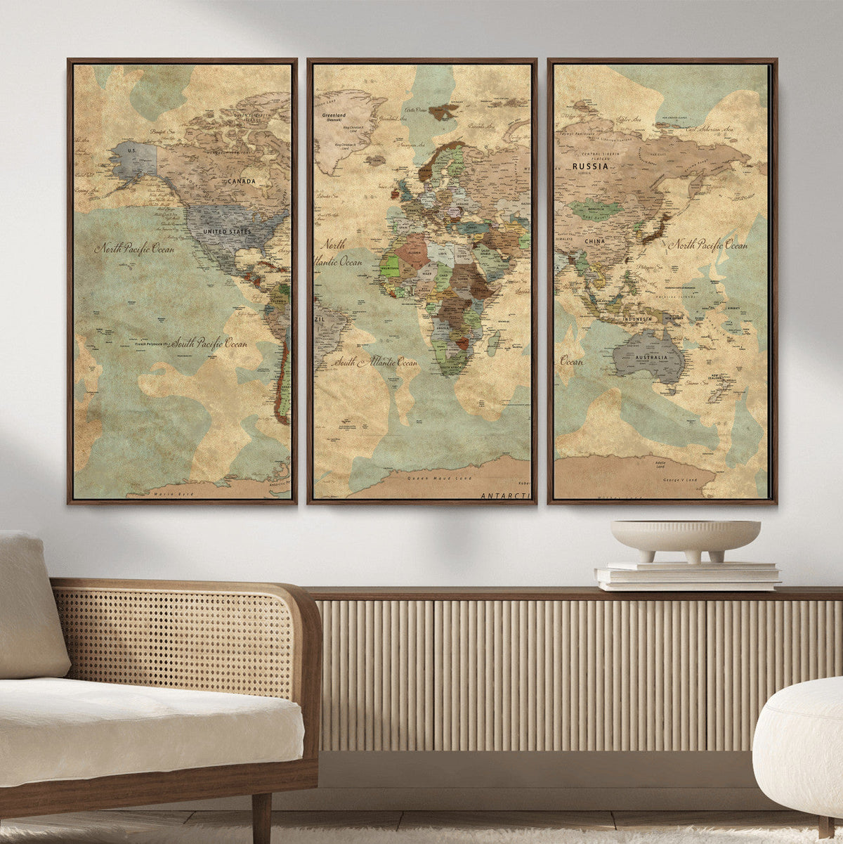 Vintage World Map Wall Art | Ready to Hang and Framed