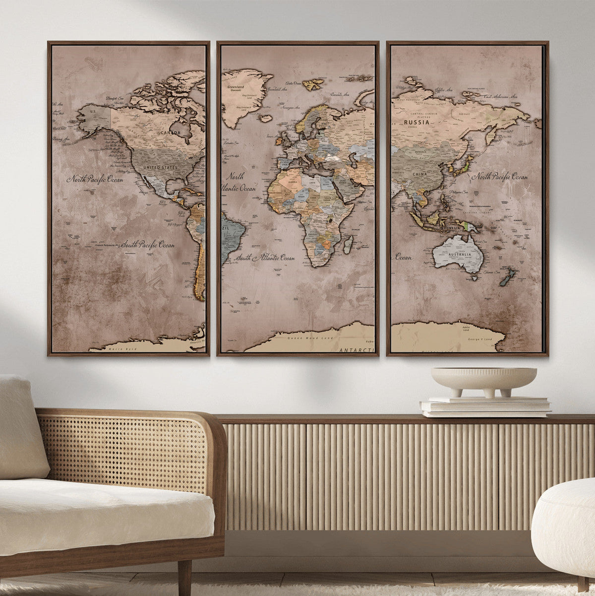 Grunge World Map Canvas Wall Art - Vintage Aged World Map