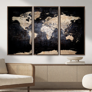 Grunge World Map Wall Art | 3-Panel Large Beige and Brown