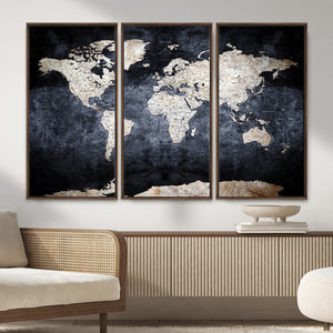 Vintage World Map Canvas Wall Art – Antique Triptych Map