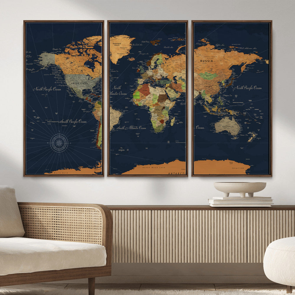 Modern World Map Canvas Print – Framed Detailed Map of the