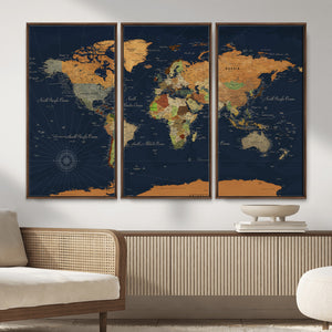 Modern World Map Canvas Print – Framed Detailed Map of the