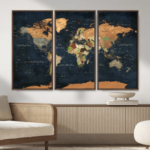 Vintage World Map Canvas Wall Art – Detailed Map with