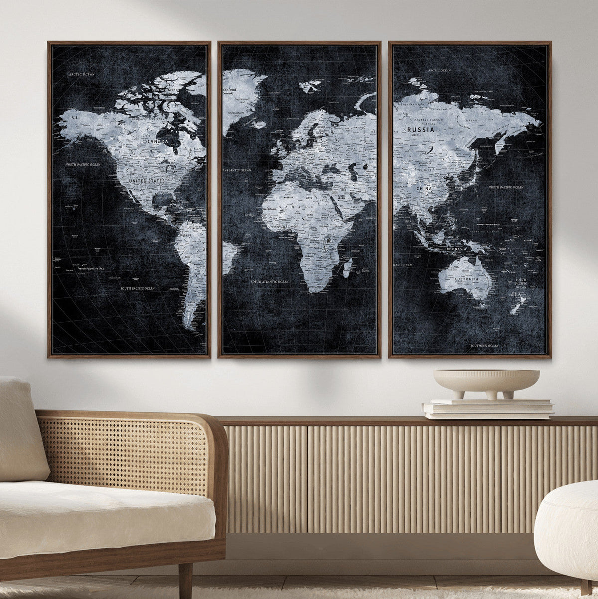 Black World Map Canvas Print – Detailed Map for Couples and