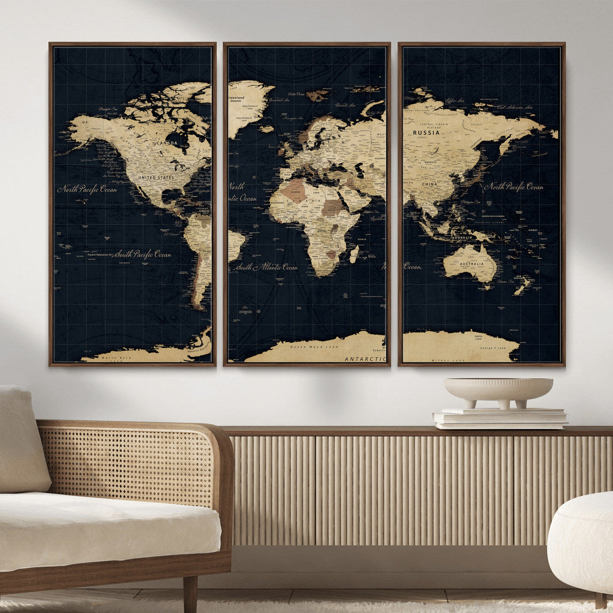 Dark World Map Canvas Wall Art Print, Minimal Black and Gold
