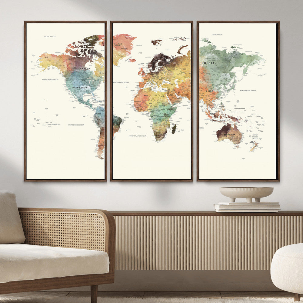 Framed World Map Wall Art Canvas Print for Living Room and