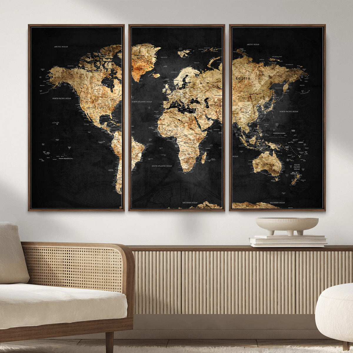 World Map Canvas Wall Art with Famous Landmarks – Framed