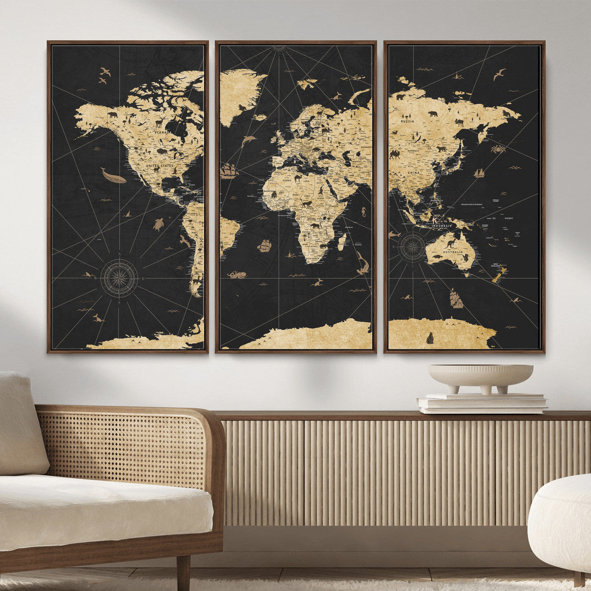 Vintage Blue and Brown World Map Canvas Wall Art – Framed