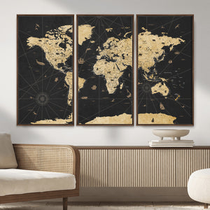 Vintage Blue and Brown World Map Canvas Wall Art – Framed
