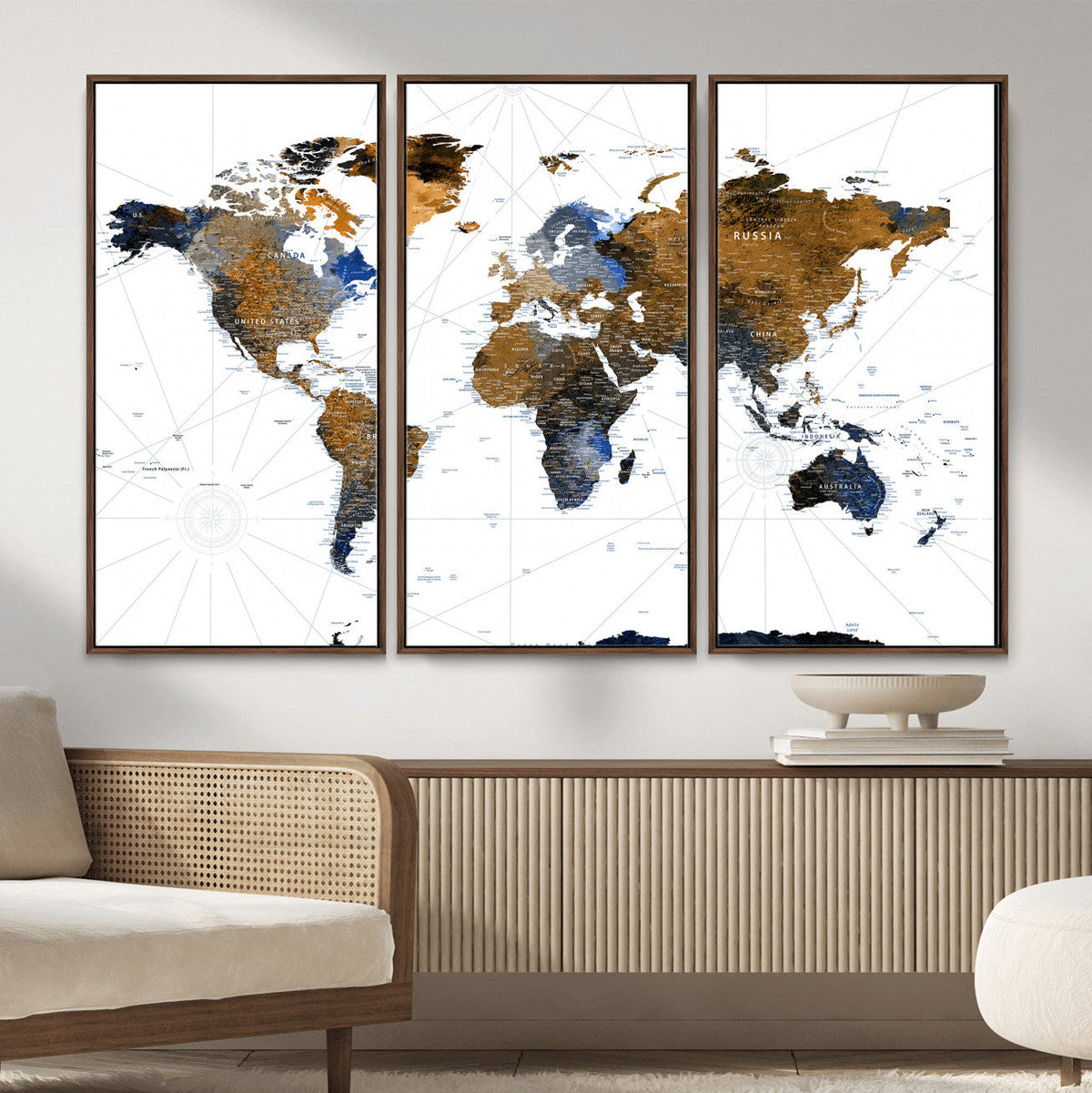 Colorful Watercolor World Map Canvas Wall Art – Framed