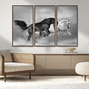 Wild Horses Wall Art Canvas Print – Framed Black and White