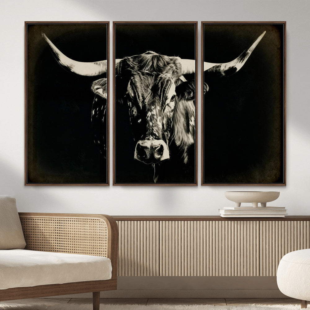 Black Bull Wall Art Canvas Print, Texas Longhorn Portrait
