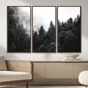 Black White Forest Wall Art Canvas Print, Misty Pine Tree