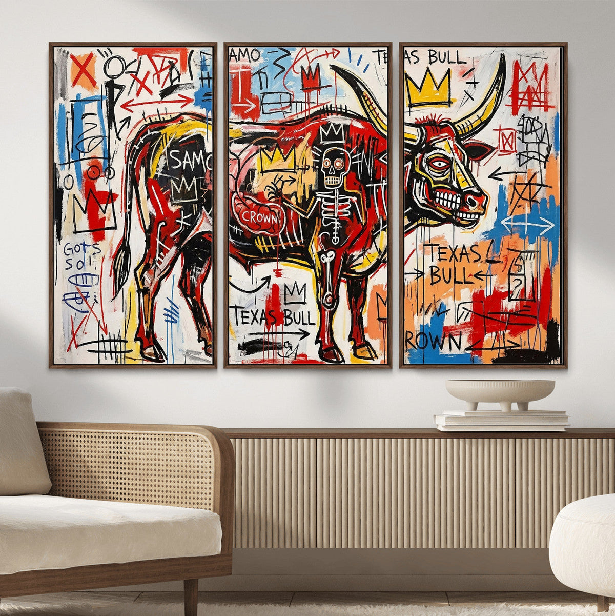 Texas Bull Wall Art Canvas Print, Abstract Graffiti Bull
