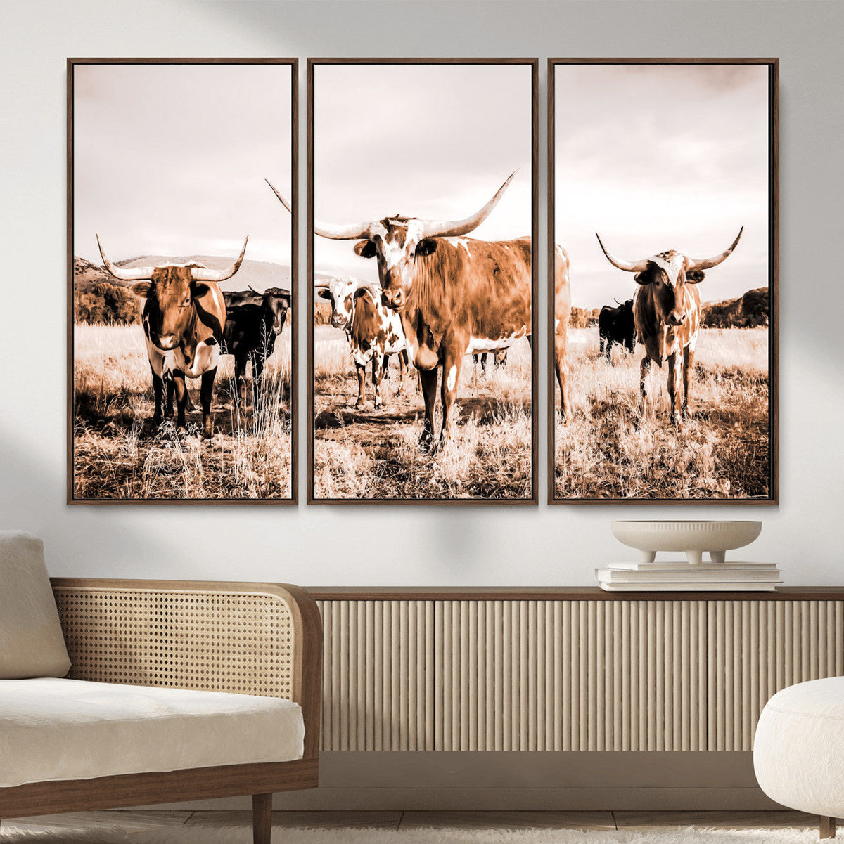 Texas Longhorn Cattle Wall Art Canvas Print, Sepia Western