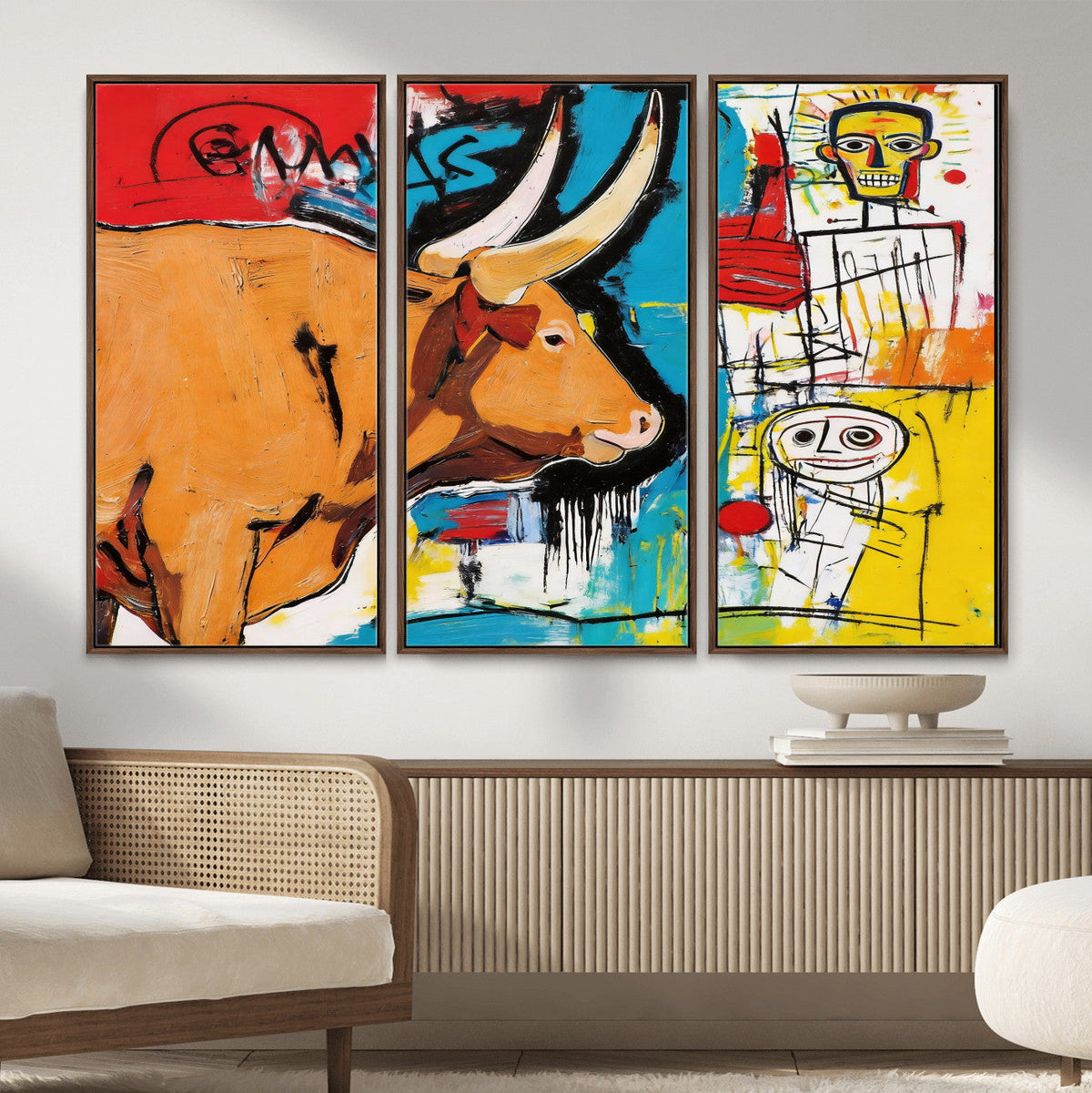 Basquiat Style Bull Graffiti Wall Art Canvas Print, Street