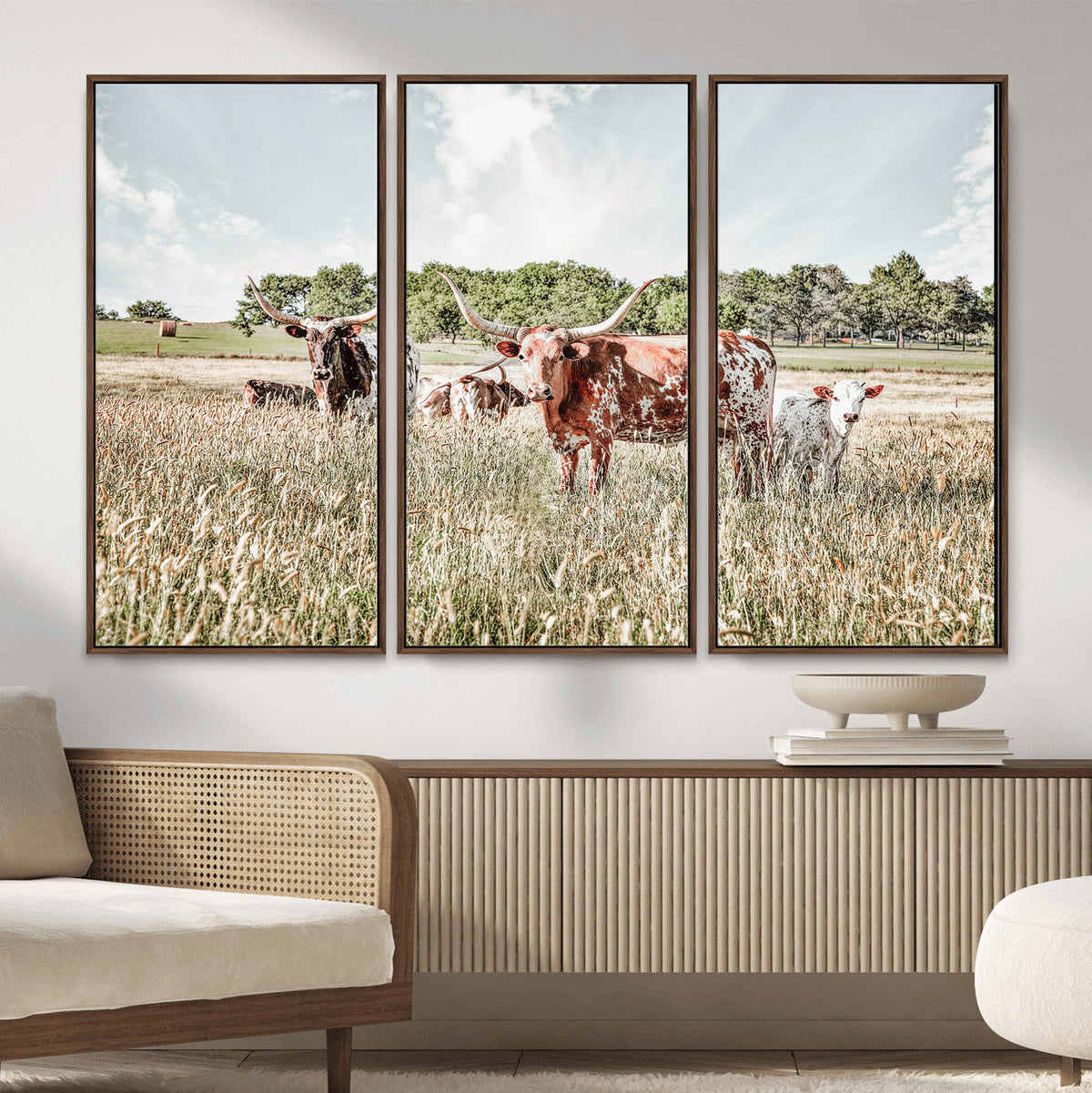 Texas Longhorn Cattle Wall Art Canvas Print, Rustic Ranch