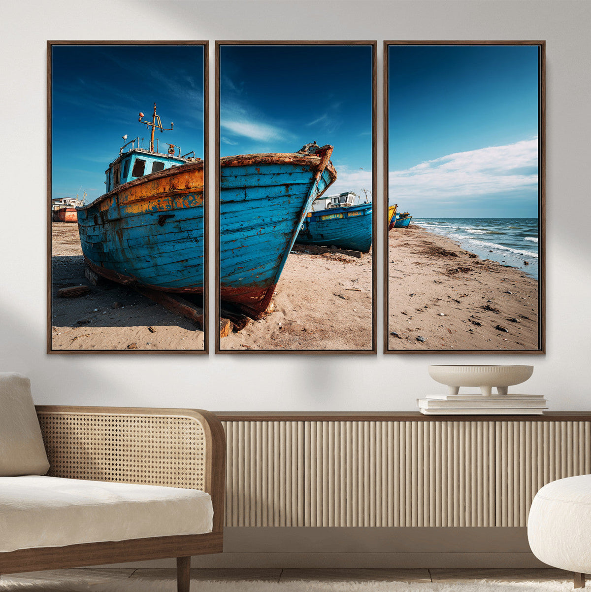 Coastal Fishing Boats Wall Art Canvas Print, Sunset Beach