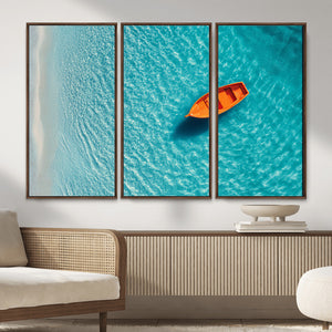 Minimalist Boat Wall Art Canvas Print, Aerial Sea Landscape