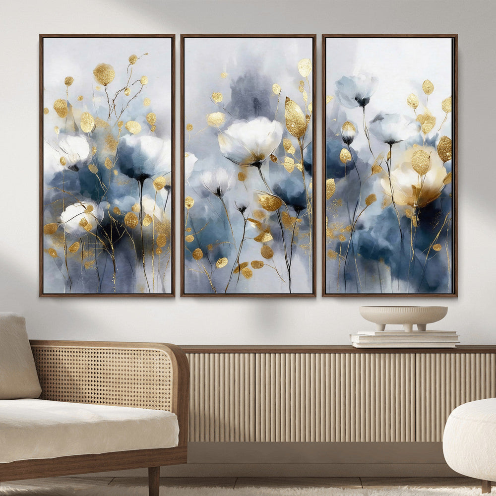 Large Abstract Flowers Wall Art Canvas Print – Gold and Blue
